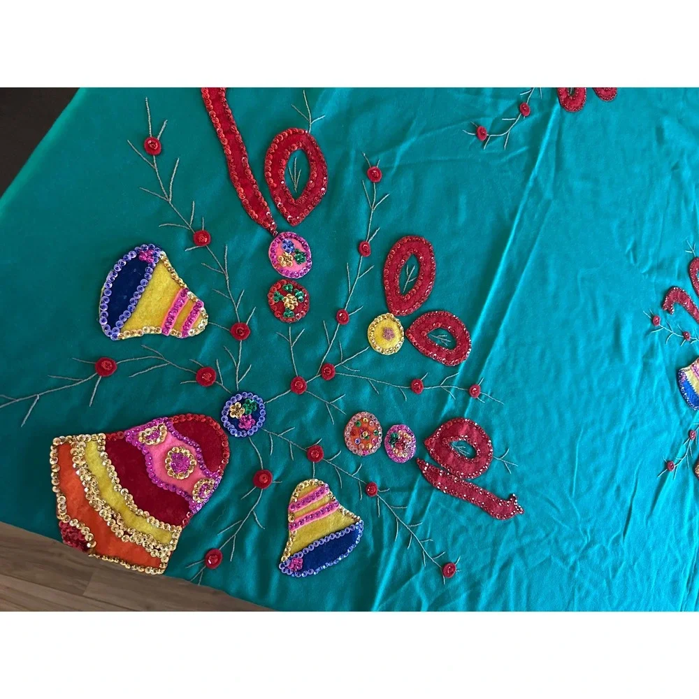 Vintage‎ Handmade Christmas Tablecloth Green Sequin Felt Applique 90x60 Retro